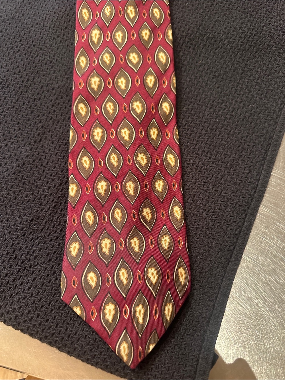Joseph Abboud Burgundy Silk Tie with Gold and Black Medallions